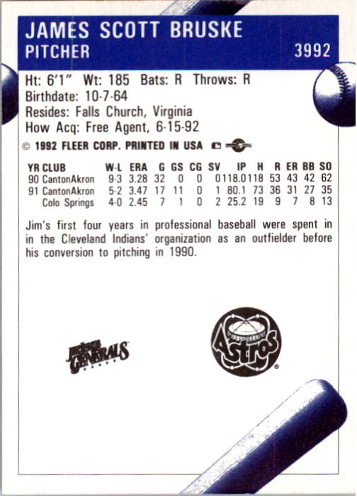 1992 Jackson Generals Fleer/ProCards #3992 Jim Bruske back image