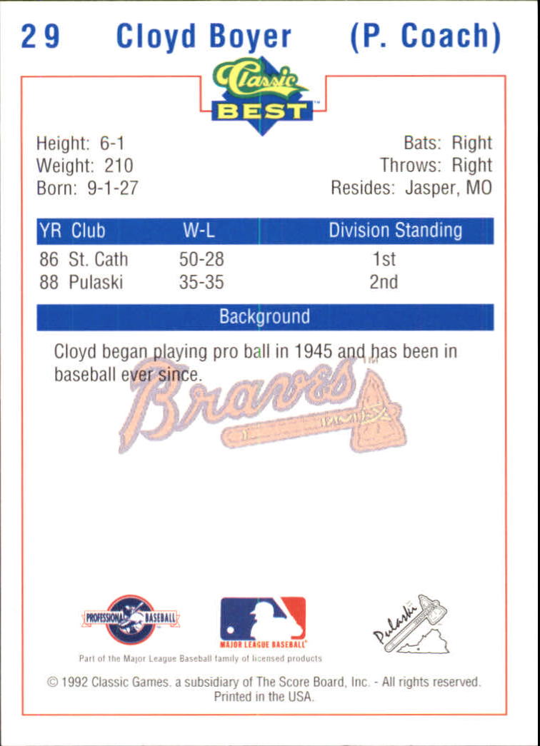1992 Pulaski Braves Classic/Best #29 Cloyd Boyer CO back image