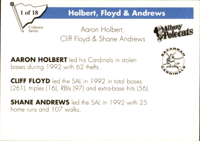 1993 South Atlantic League All-Stars Inserts Play II #1 Cliff Floyd/Aaron Holbert/Shane Andrews back image
