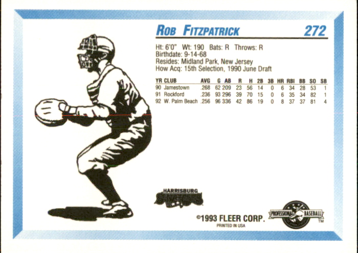 1993 Harrisburg Senators Fleer/ProCards #272 Rob Fitzpatrick back image