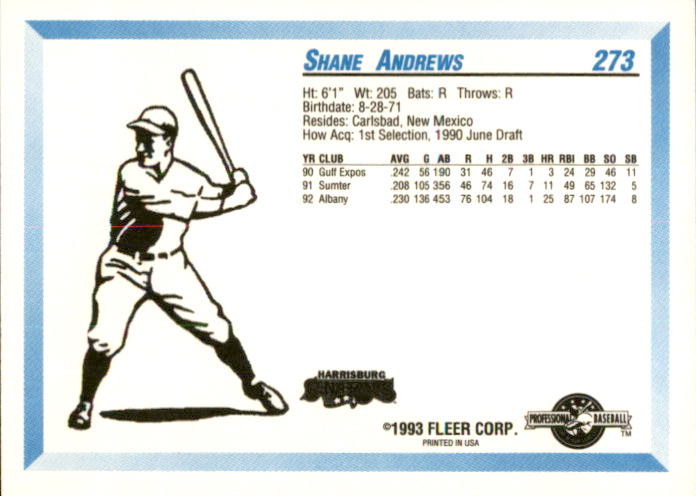 1993 Harrisburg Senators Fleer/ProCards #273 Shane Andrews back image