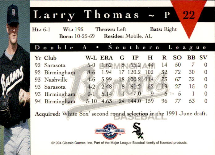 1994 Birmingham Barons Classic #22 Larry Thomas Mobile