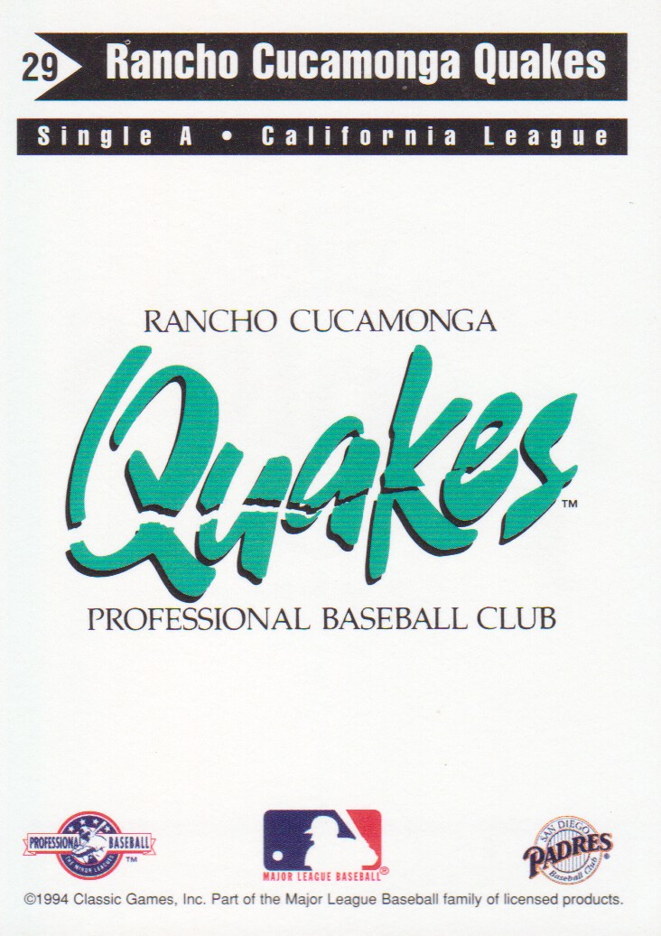 1994 Rancho Cucamonga Quakes Classic #29 Logo Card back image