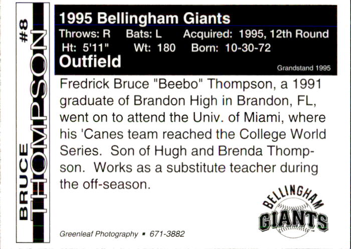 1995 Bellingham Giants Team Issue 8 Bruce Thompson Brandon