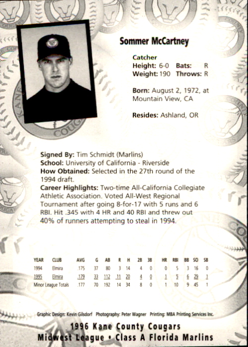 1996 Kane County Cougars Team Issue #18 Sommer McCartney back image