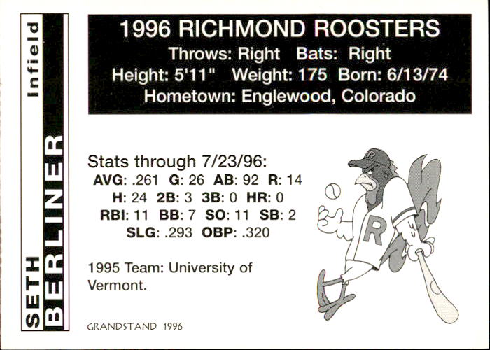 1996 Richmond Roosters Grandstand #1 Seth Berliner back image
