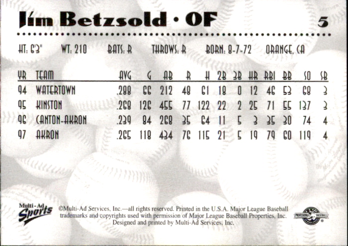 1997 Double-A All-Stars Multi-Ad #5 Jim Betzsold back image