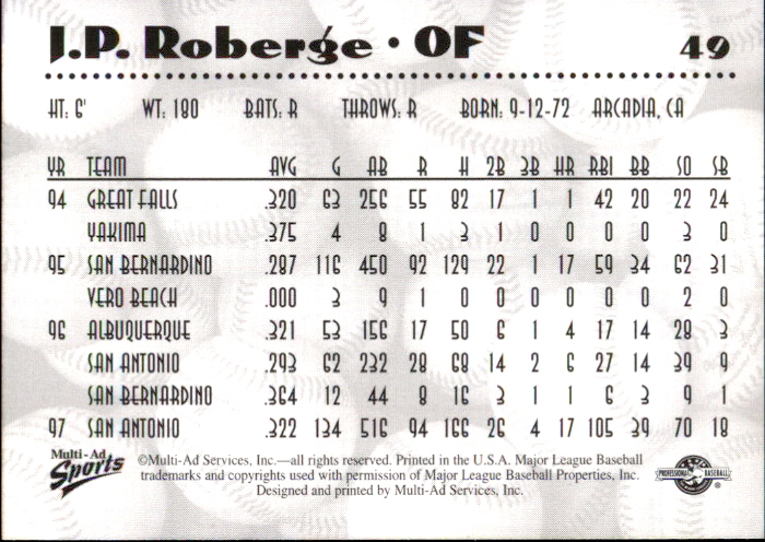 1997 Double-A All-Stars Multi-Ad #49 J.P. Roberge back image