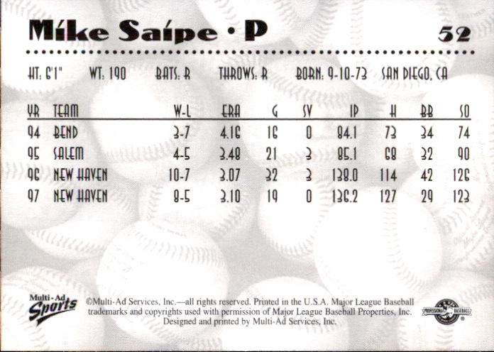 1997 Double-A All-Stars Multi-Ad #52 Mike Saipe back image