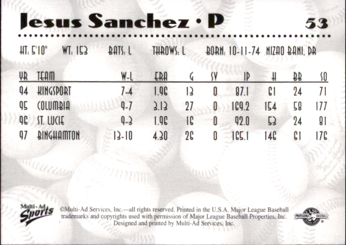 1997 Double-A All-Stars Multi-Ad #53 Jesus Sanchez back image