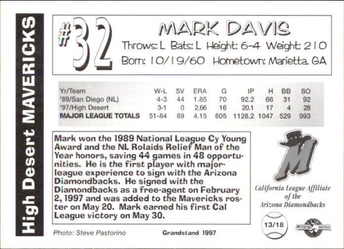 1997 High Desert Mavericks Update Grandstand #13 Mark Davis back image