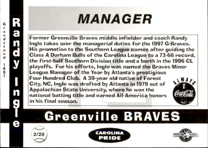 1997 Greenville Braves Grandstand #2 Randy Ingle MGR back image