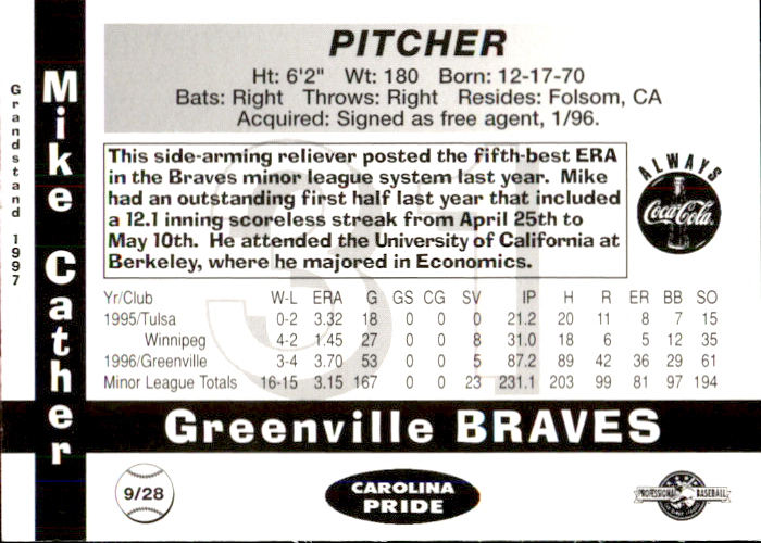 1997 Greenville Braves Grandstand #9 Mike Cather back image