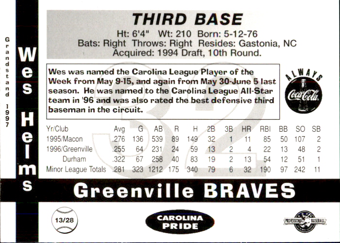 1997 Greenville Braves Grandstand #13 Wes Helms back image