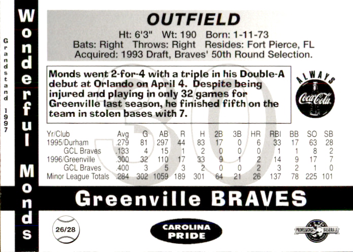 1997 Greenville Braves Grandstand #26 Wonderful Monds back image