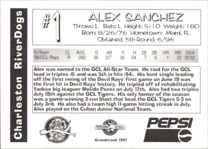 1997 Charleston RiverDogs Grandstand #25 Alex Sanchez back image