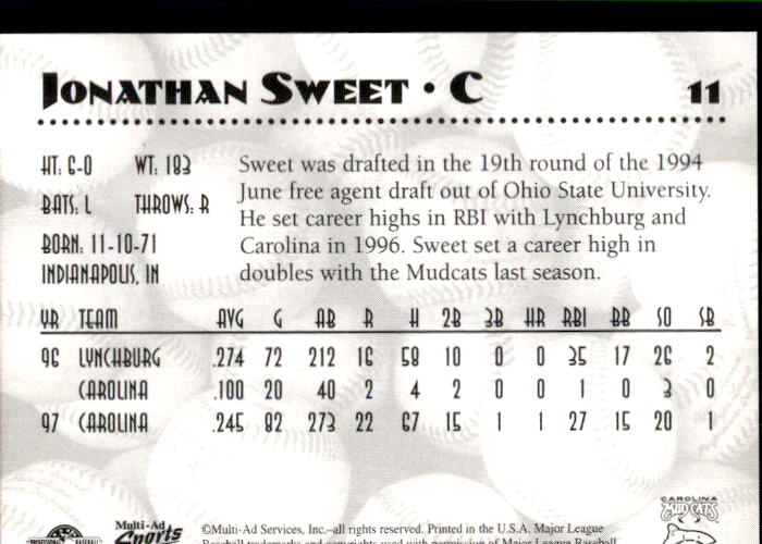 1998 Carolina Mudcats Multi-Ad #11 Jonathan Sweet back image