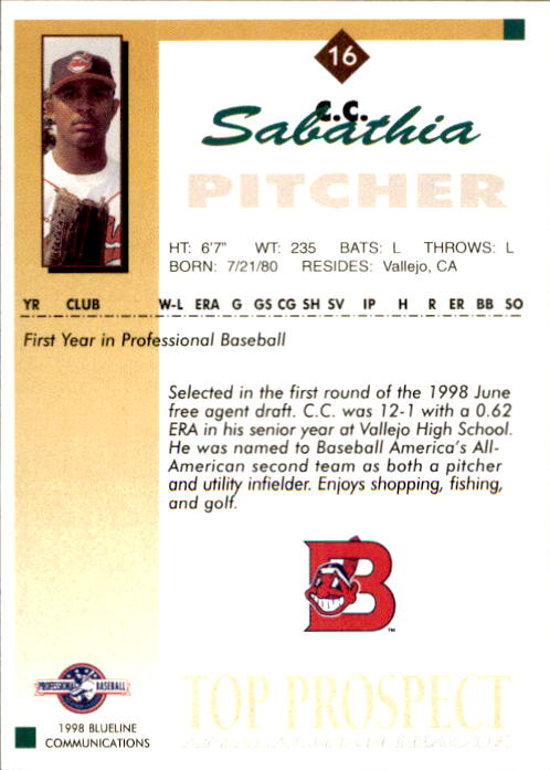 1998 Appalachian League Prospect Q-Cards #16 C.C. Sabathia back image