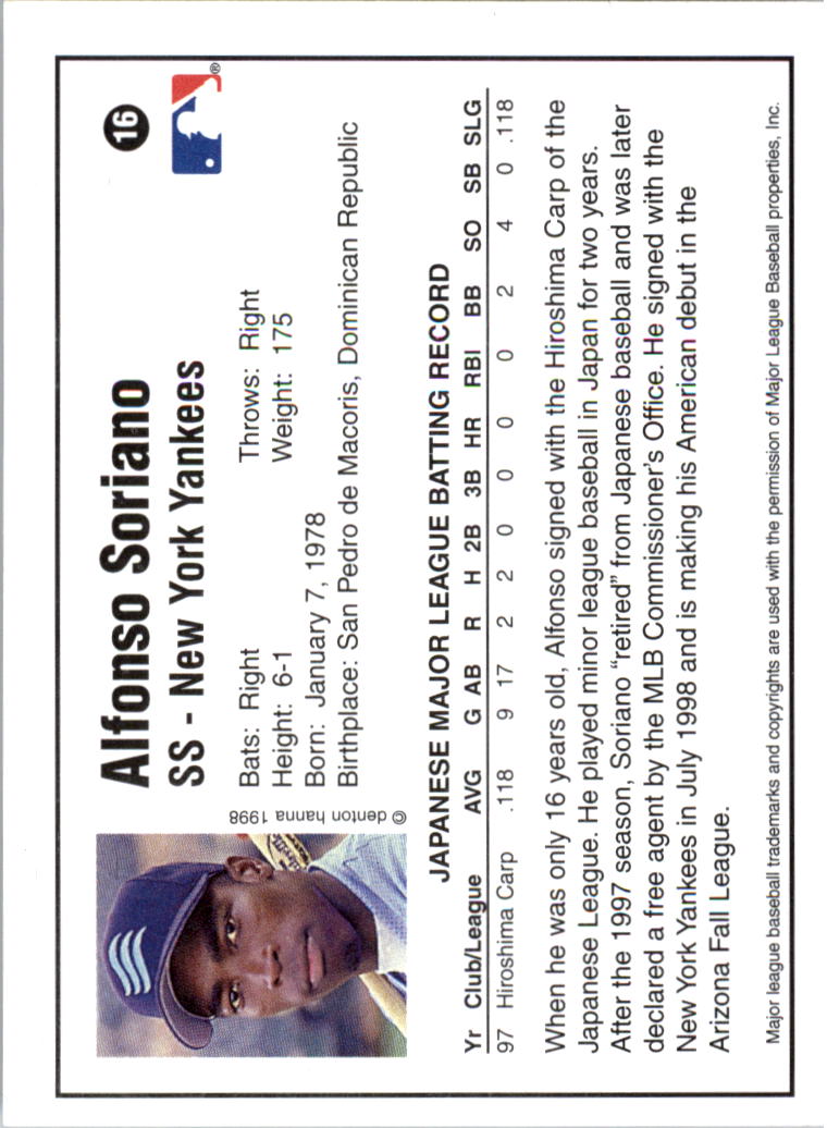 1998 Arizona Fall League Prospects #16 Alfonso Soriano back image