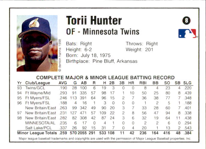 1998 Arizona Fall League Prospects Gold #8 Torii Hunter back image