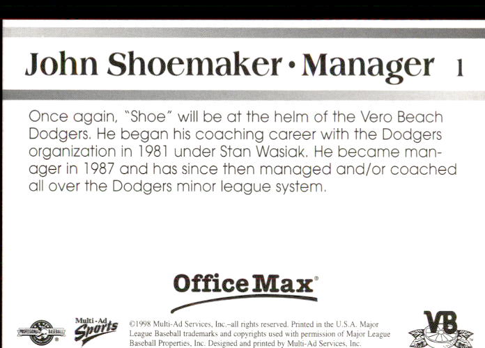 1998 Vero Beach Dodgers Multi-Ad #1 John Shoemaker MG back image