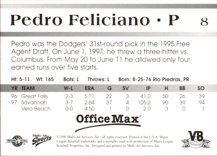 1998 Vero Beach Dodgers Multi-Ad #8 Pedro Feliciano back image