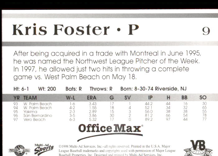 1998 Vero Beach Dodgers Multi-Ad #9 Kris Foster back image
