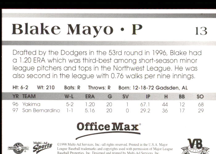 1998 Vero Beach Dodgers Multi-Ad #13 Blake Mayo back image