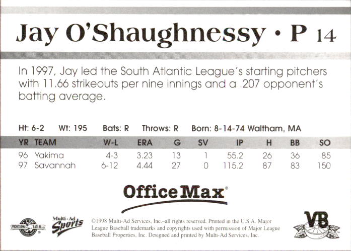1998 Vero Beach Dodgers Multi-Ad #14 Jay O'Shaughnessy back image