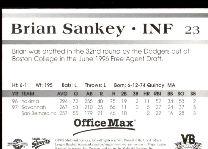 1998 Vero Beach Dodgers Multi-Ad #23 Brian Sankey back image