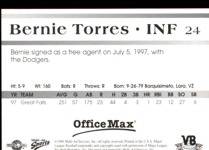 1998 Vero Beach Dodgers Multi-Ad #24 Bernie Torres back image