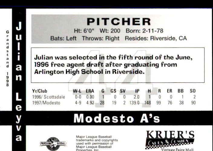 1998 Modesto A's Grandstand 16 Julian Leyva Riverside California