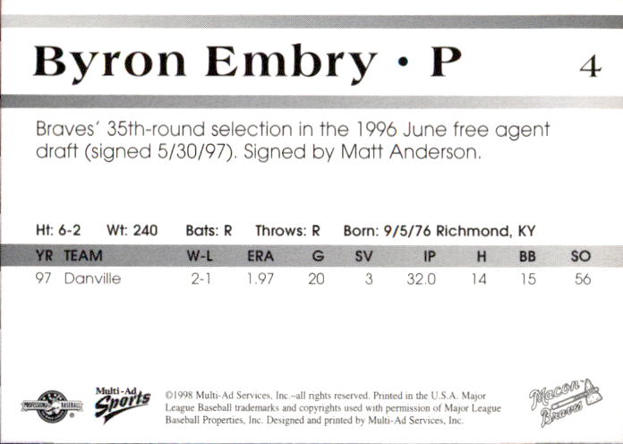 1998 Macon Braves Multi-Ad #4 Byron Embry - NM