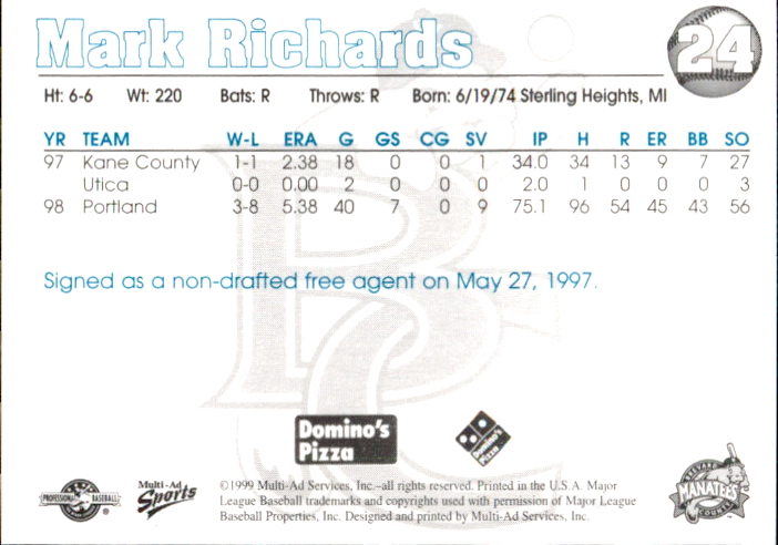 1999 Brevard County Manatees Multi-Ad #24 Mark Richards back image