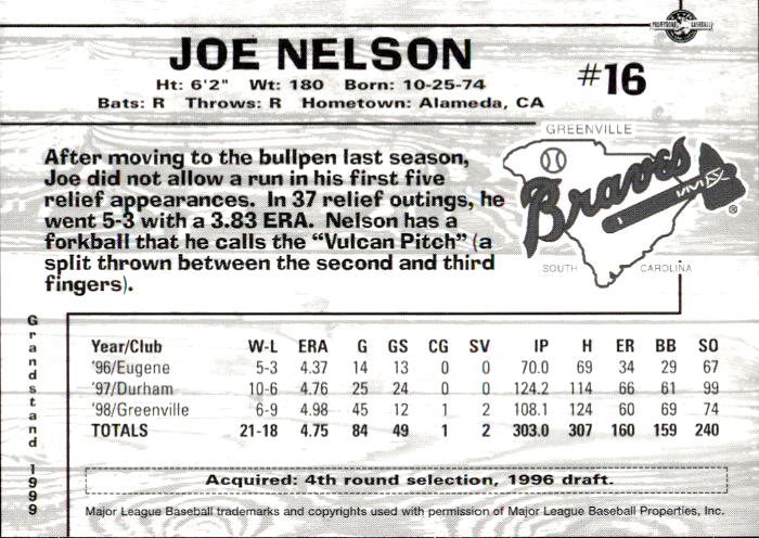 1999 Greenville Braves Grandstand #18 Joe Nelson back image