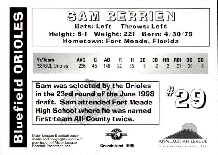 1999 Bluefield Orioles Grandstand #2 Sam Berrien back image
