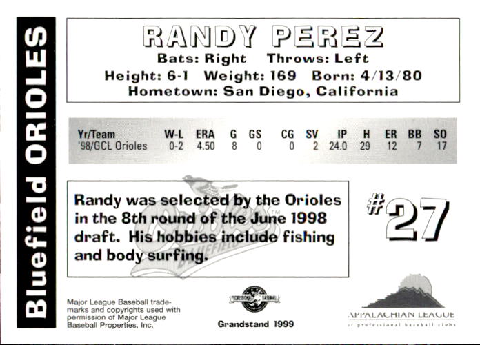1999 Bluefield Orioles Grandstand #22 Randy Perez back image