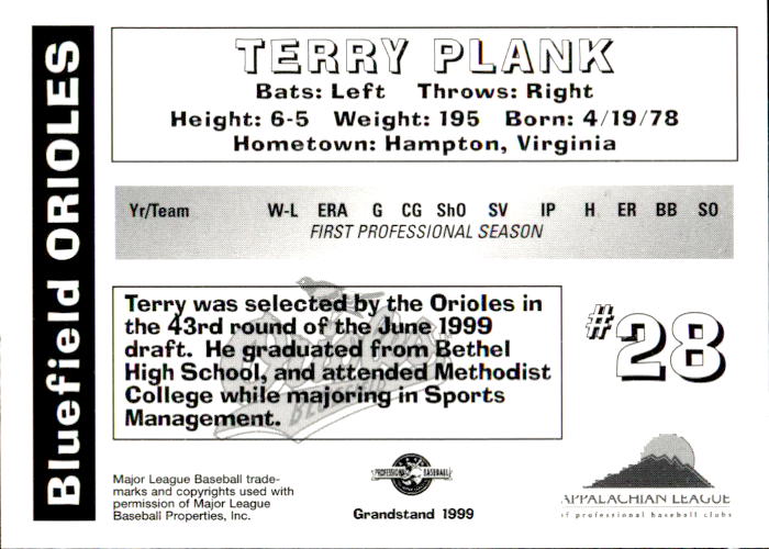 1999 Bluefield Orioles Grandstand #23 Terry Plank back image