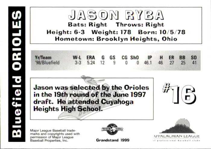 1999 Bluefield Orioles Grandstand #26 Jason Ryba back image