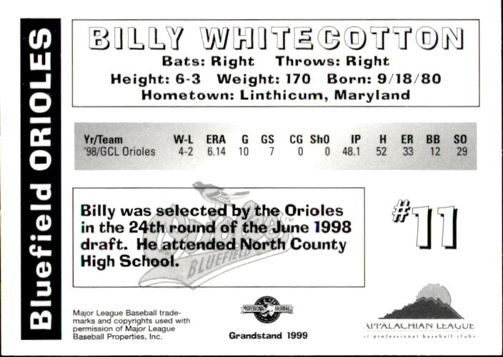 1999 Bluefield Orioles Grandstand #32 Billy Whitecotton back image