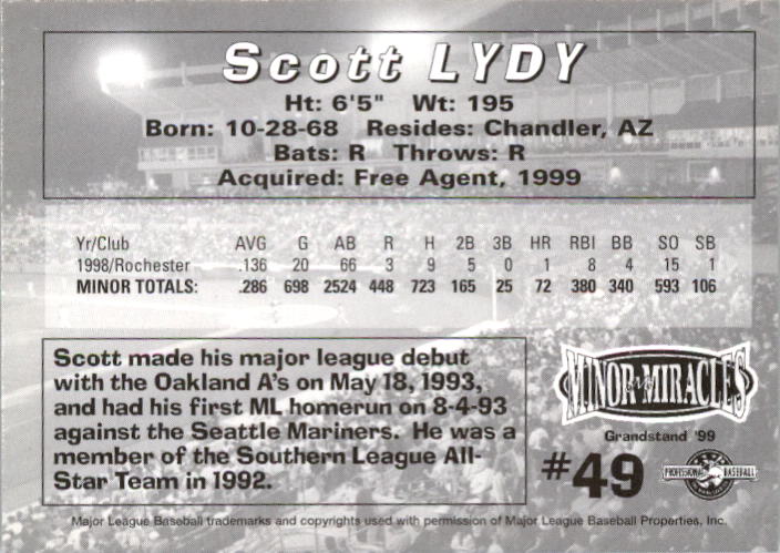 1999 Birmingham Barons Grandstand #13 Scott Lydy back image