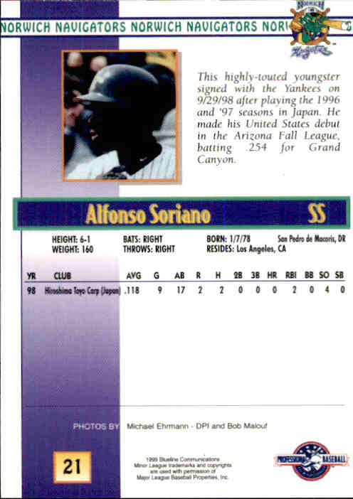 1999 Norwich Navigators Blueline #21 Alfonso Soriano - NM