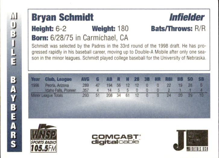 1999 Mobile Baybears Team Issue #30 Bryan Schmidt Carmichael