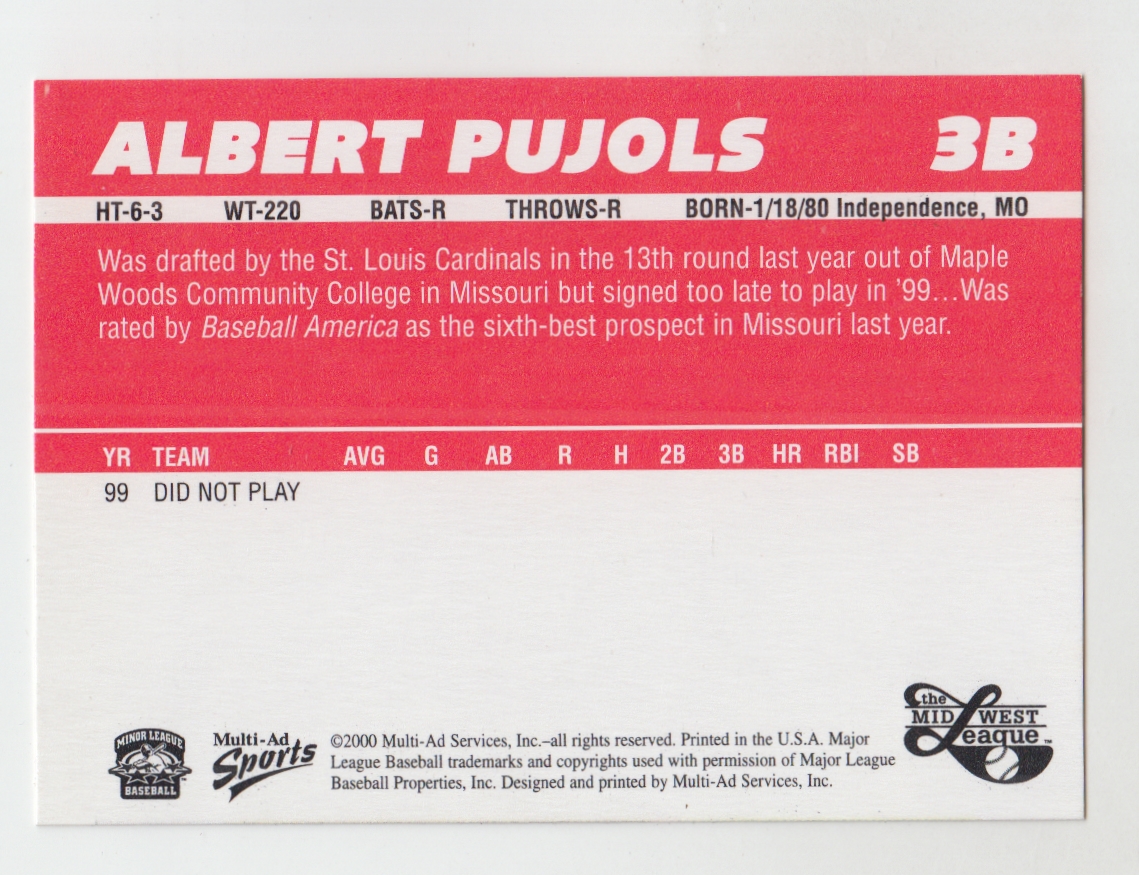 2000 Peoria Chiefs Multi-Ad #20 Albert Pujols back image