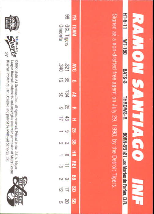 2000 Midwest League Top Prospects Multi-Ad #23 Ramon Santiago back image