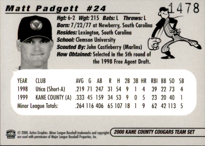 2000 Kane County Cougars Active Graphics #22 Matt Padgett back image