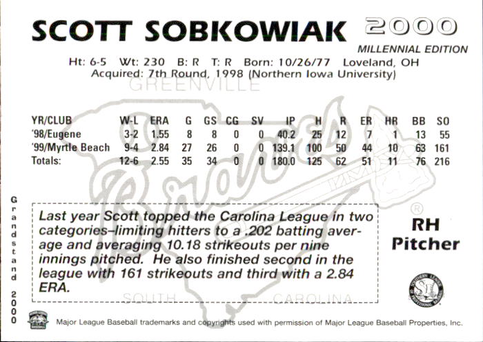 2000 Greenville Braves Grandstand 26 Scott Sobkowiak