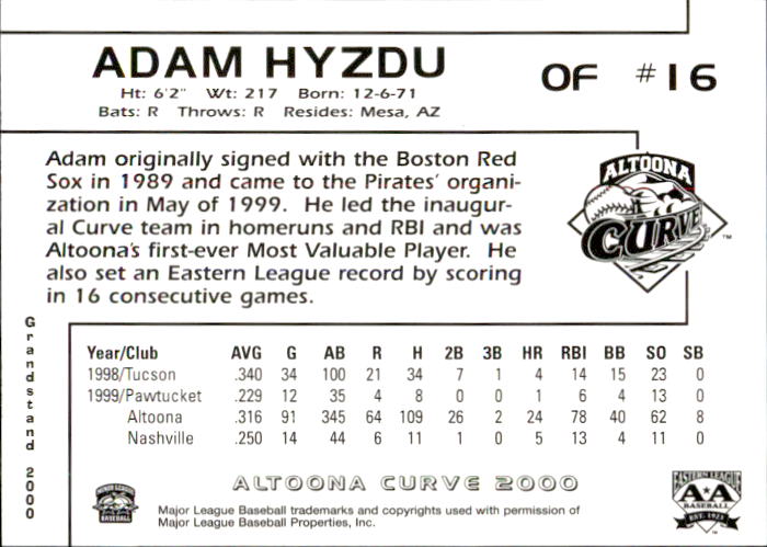 2000 Altoona Curve Grandstand #16 Adam Hyzdu back image