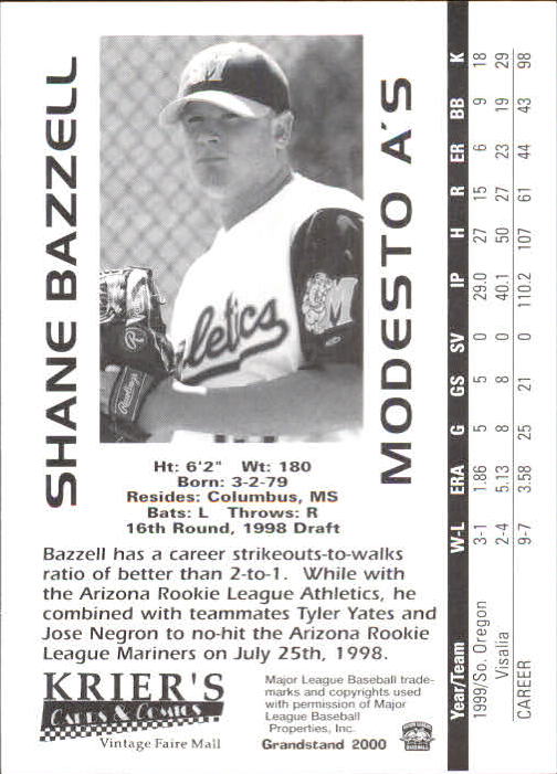 2000 Modesto A's Grandstand #3 Shane Bazzell back image