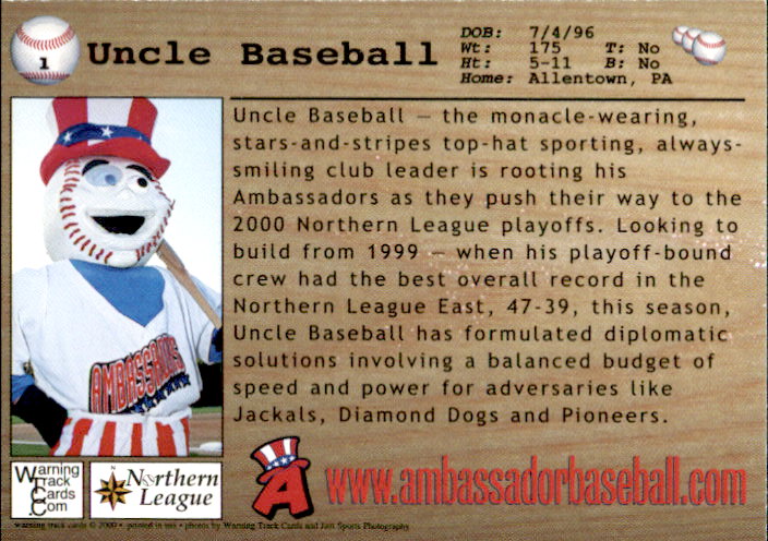 Uncle Baseball 2000 Allentown Ambassadors Warning Track #1 Uncle Baseball MASCOT - NM